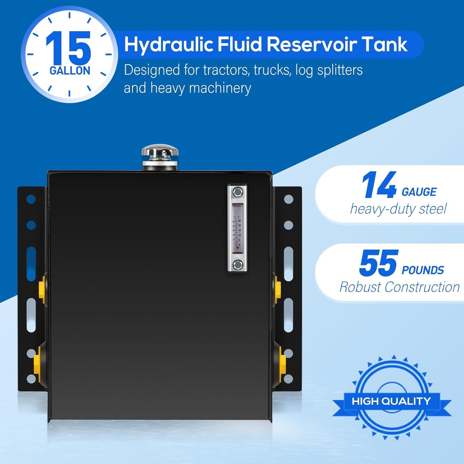 15-Gallon Hydraulic Fluid Reservoir Tank, Side Vertical Mount, w/Temp Gauge