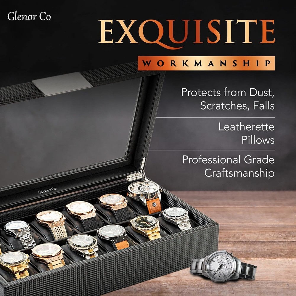 Black Rectangular Watch Case for 12 Timepieces, Luxurious Design and Finish