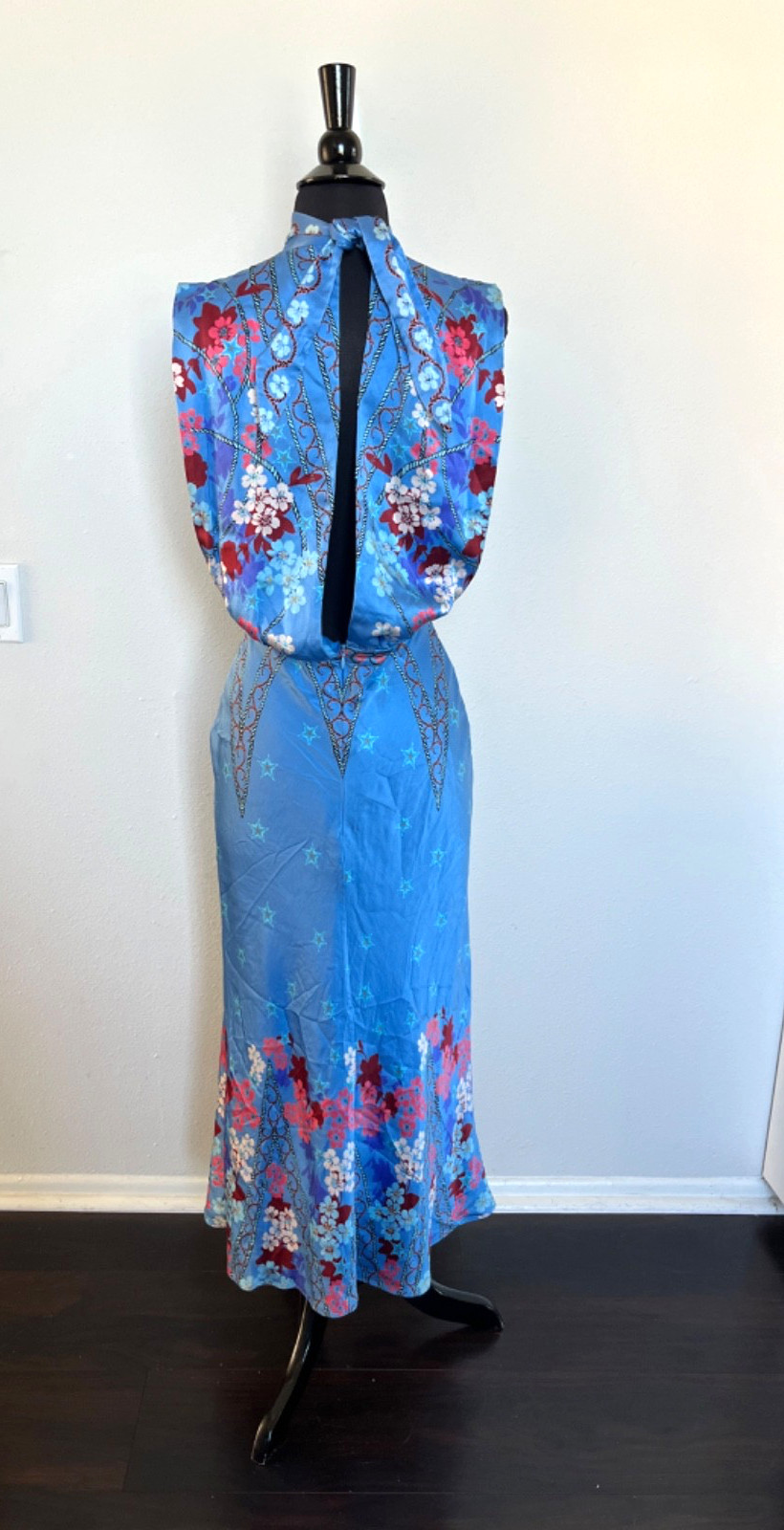 Saloni Fleur Silk-Satin Midi Dress in Sky Flourish Wedding guest Dinner Party