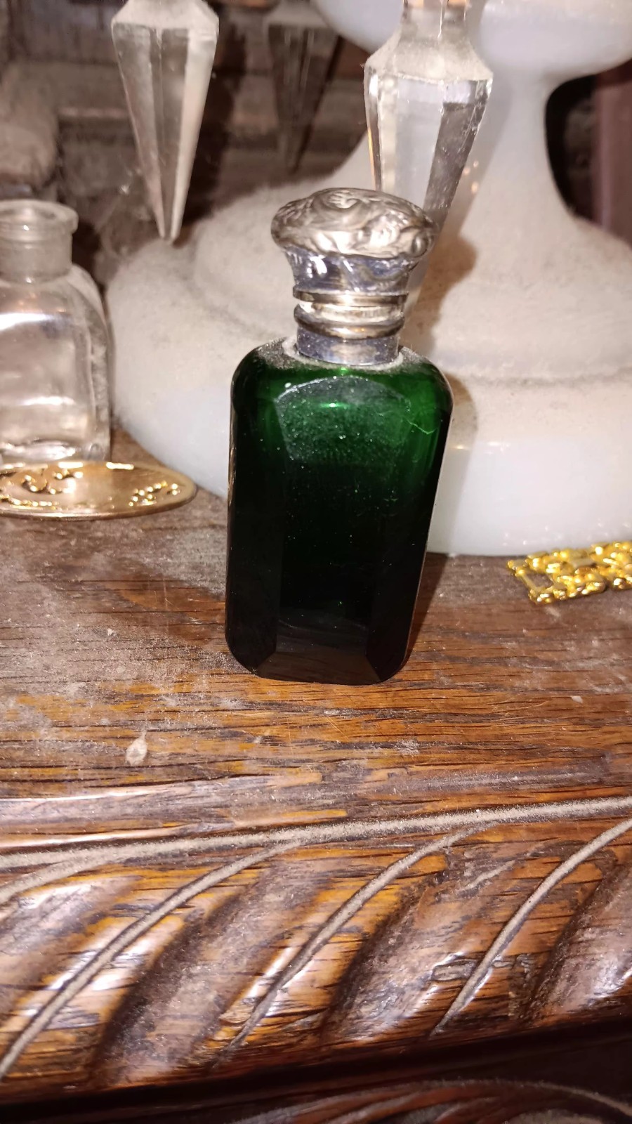 Antique Green Faceted Glass And Sterling Scent Bottle