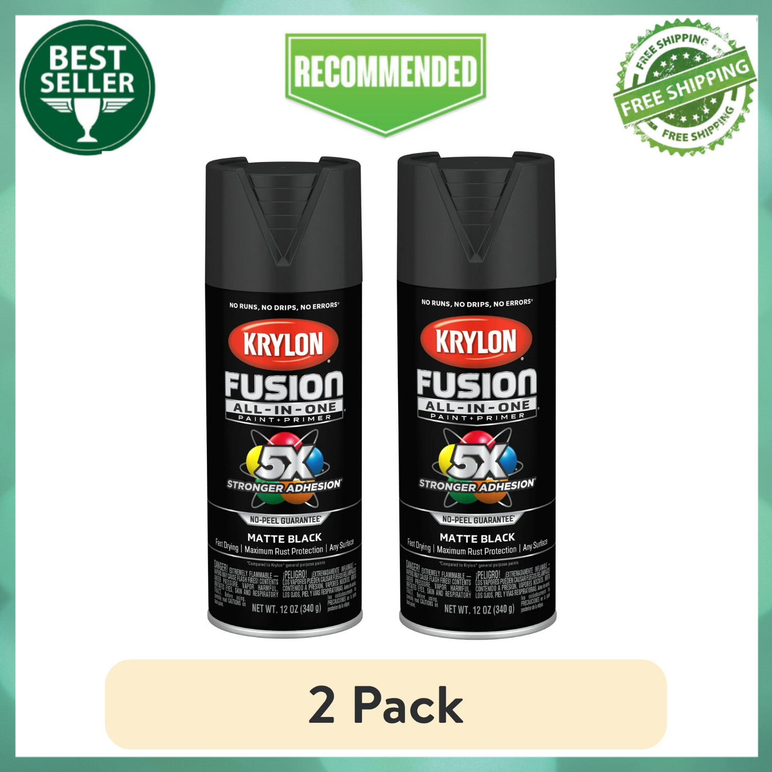 (2 Pack) Krylon Fusion All-In-One Black Matte 12 oz Spray Paint, Multi-Surface