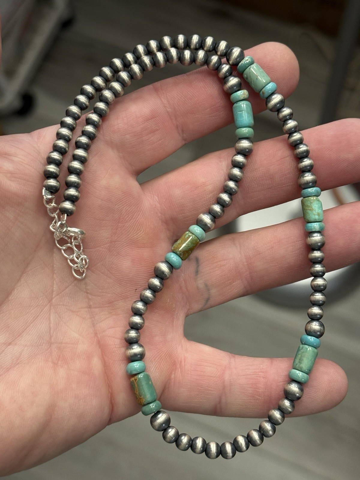 STERLING SILVER 5mm NAVAJO PEARL TURQUOISE CYLINDER BEADS BEADED NECKLACE .925
