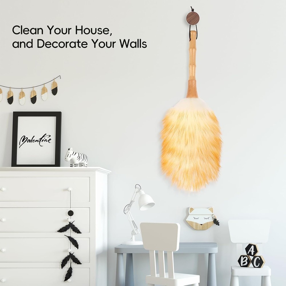 Feather Duster Lambswool Duster Cleaning,with Solid Wooden Handle,Leather Hang