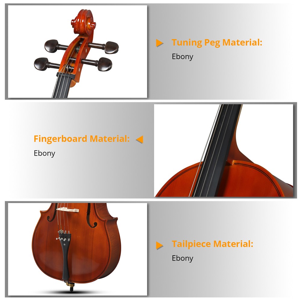 Natural Full Size 4/4 Acoustic Cello Set w/ Spruce Panel & Tiger Pattern Process