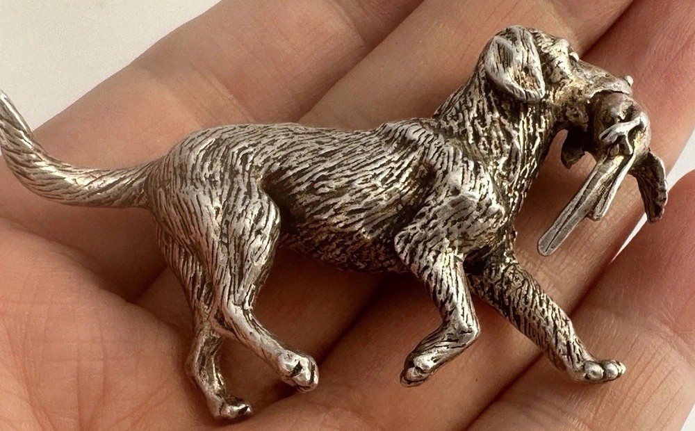 Vintage Solid Silver Miniature Retriever With Duck c.1979