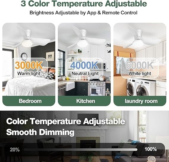 30 Inch Ceiling Fan with Light APP & Remote Control, Low Profile 3 Colors