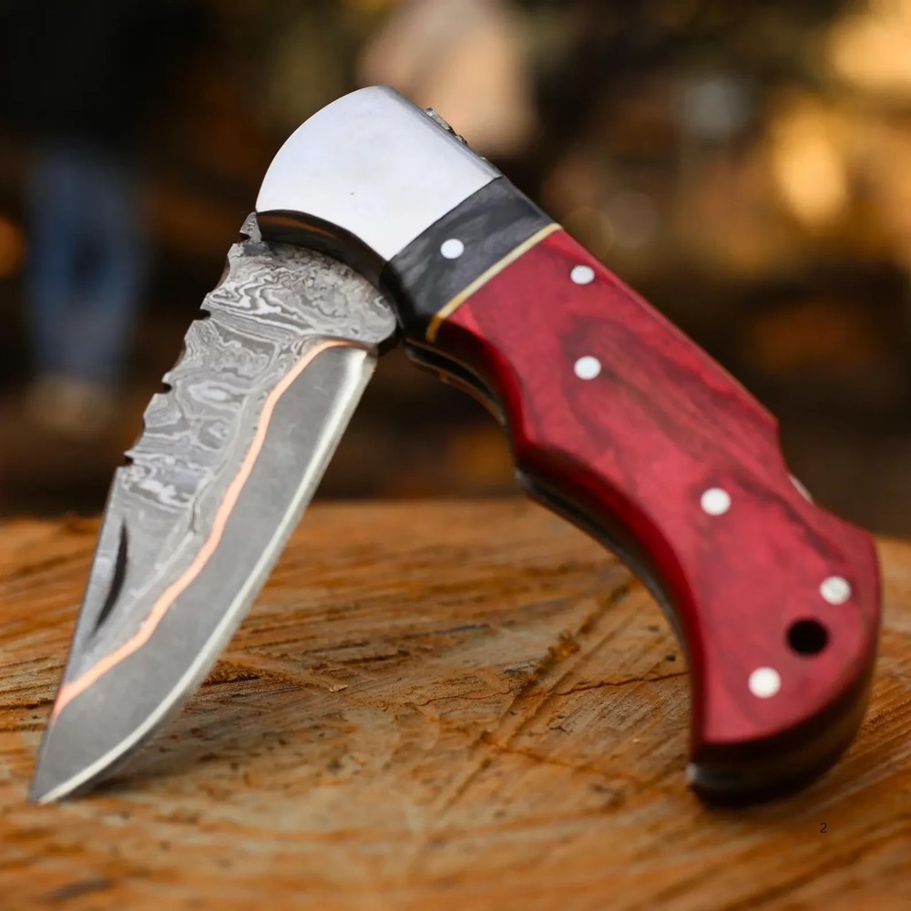 Personalized Copper Damascus Pocket Knife 6.5” | Folding EDC Knife