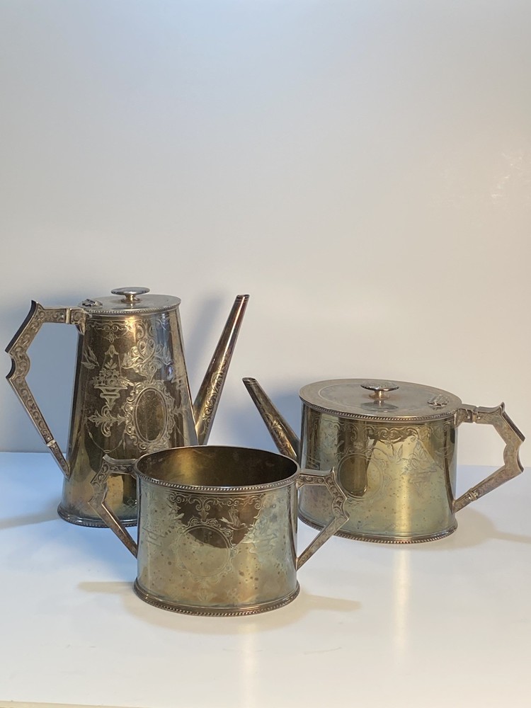Antique Silverplate Tea Coffee Set 3 Teapot Creamer Sugar Engraved Patina