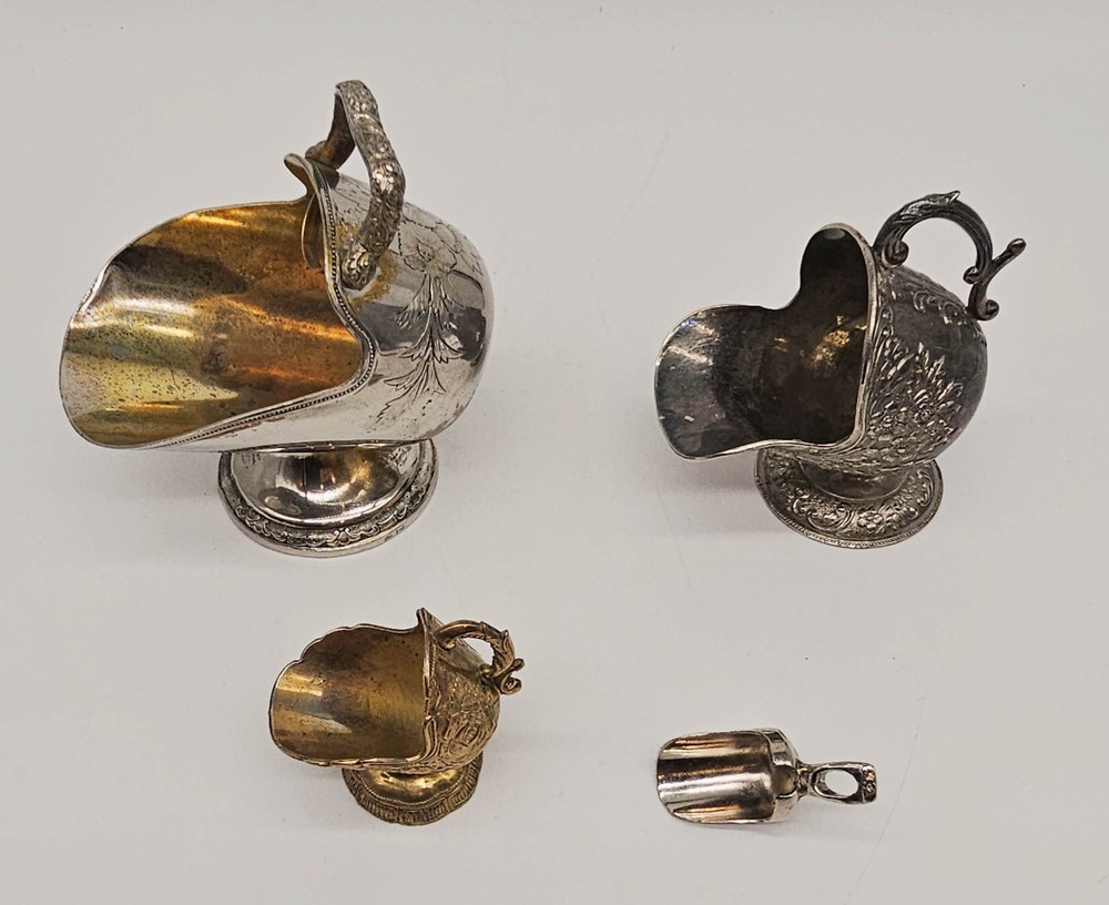 Silverplate 3 Sugar Scuttles + 1 Scoop Lot of 4 Pieces Small Med Large Victorian