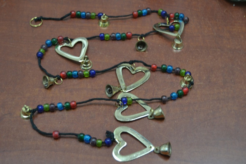 HANDMADE HEART BRASS METAL BELLS GLASS BEAD THREAD STRING 45"