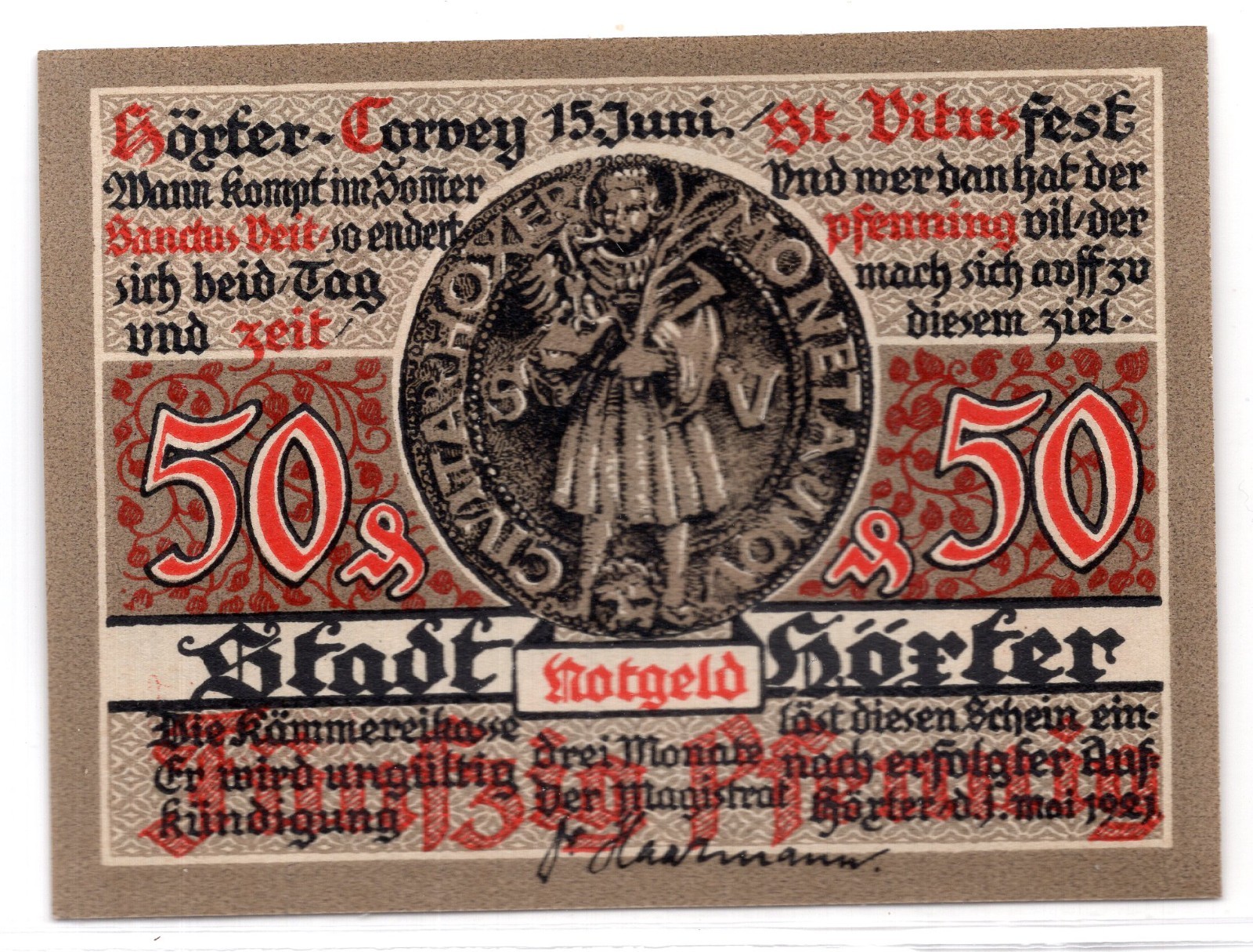 1921 Germany Hoxter Notgeld 50 Pfennig Note (3965)