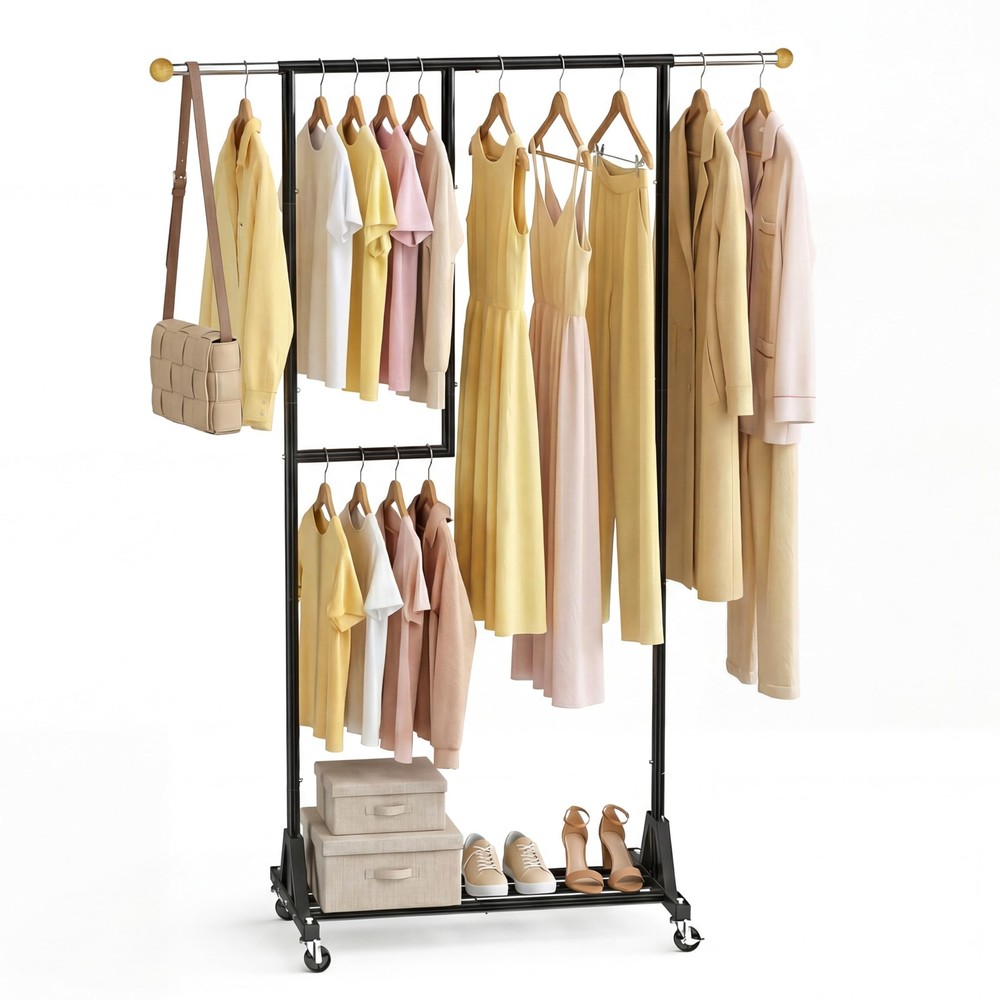 Rolling Clothing Rack with Bottom Storage Shelf & lockable Casters, Multi-tie...