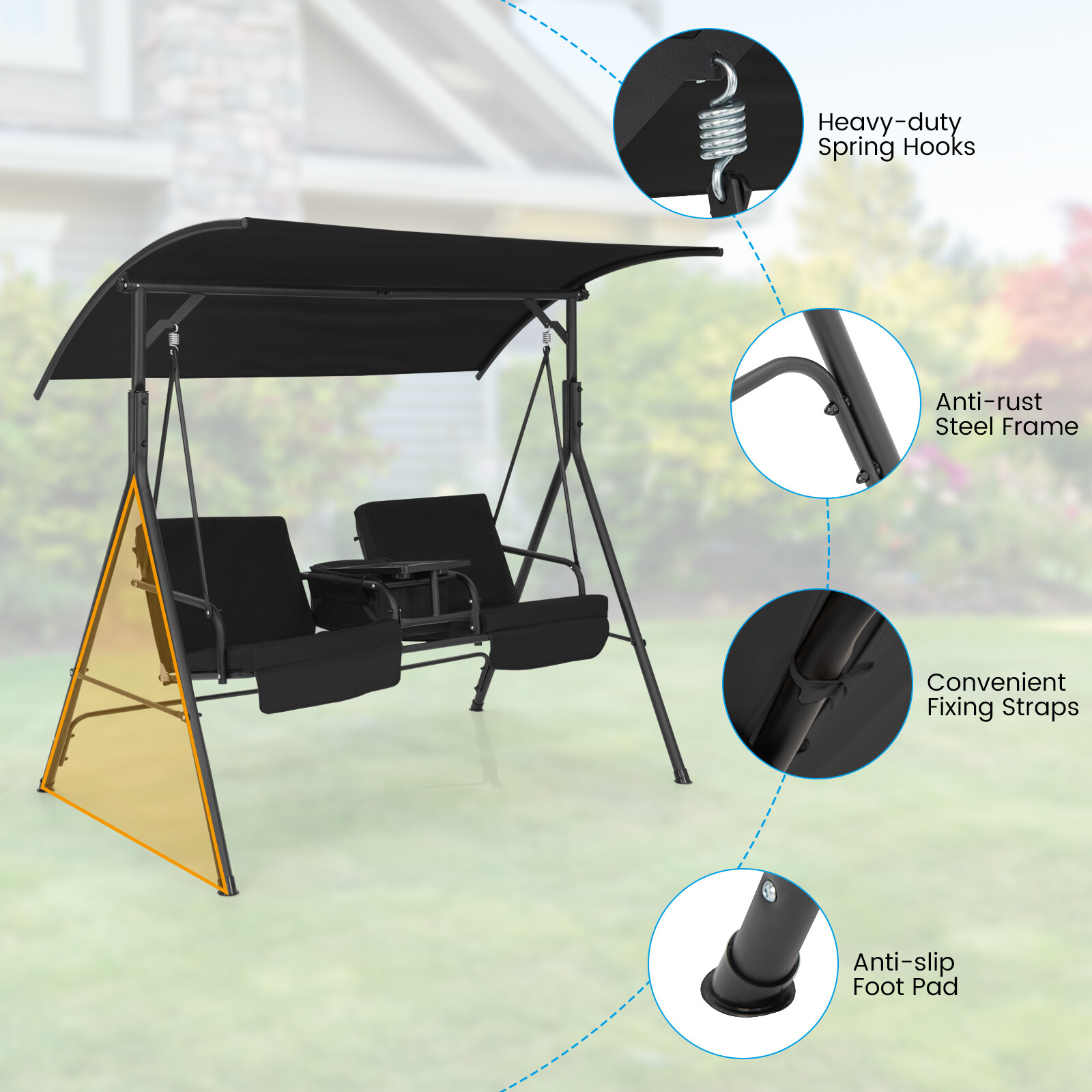 2-Person Porch Swing Chair with Adjustable Canopy & Removable Cushions Black