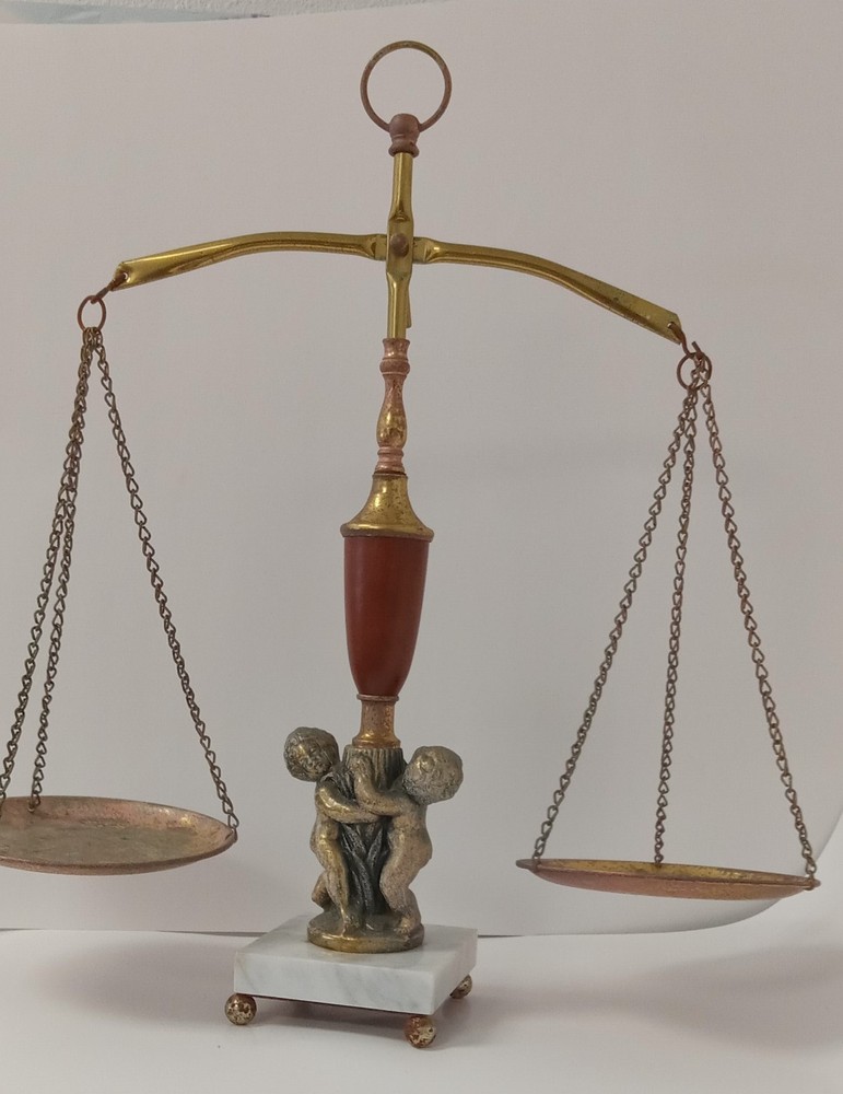 Vinatge Solid Brass and Marble Cherub Balance Scale, 19"