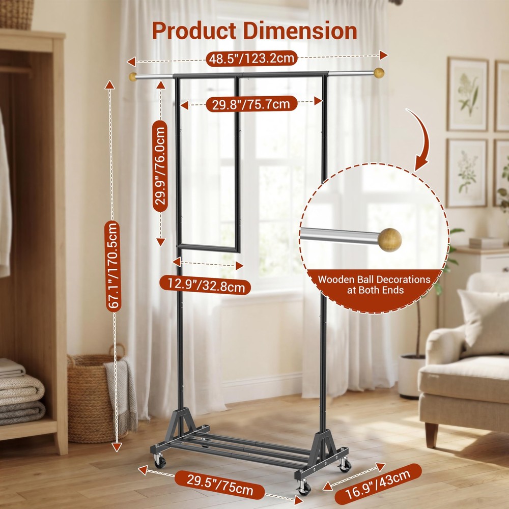 Rolling Clothing Rack with Bottom Storage Shelf & lockable Casters, Multi-tie...