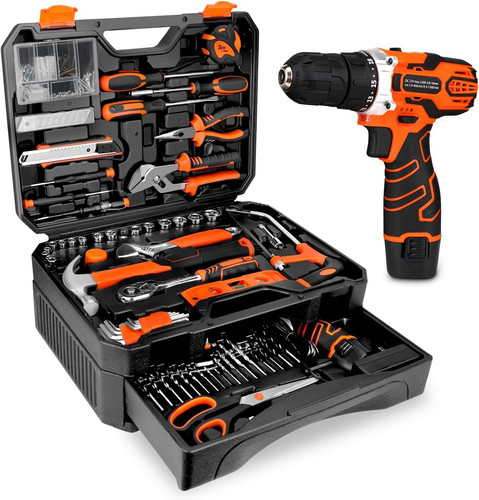 255-Piece Tool Set - Kit with 12V Cordless Drill Driver, Toolbox Orange