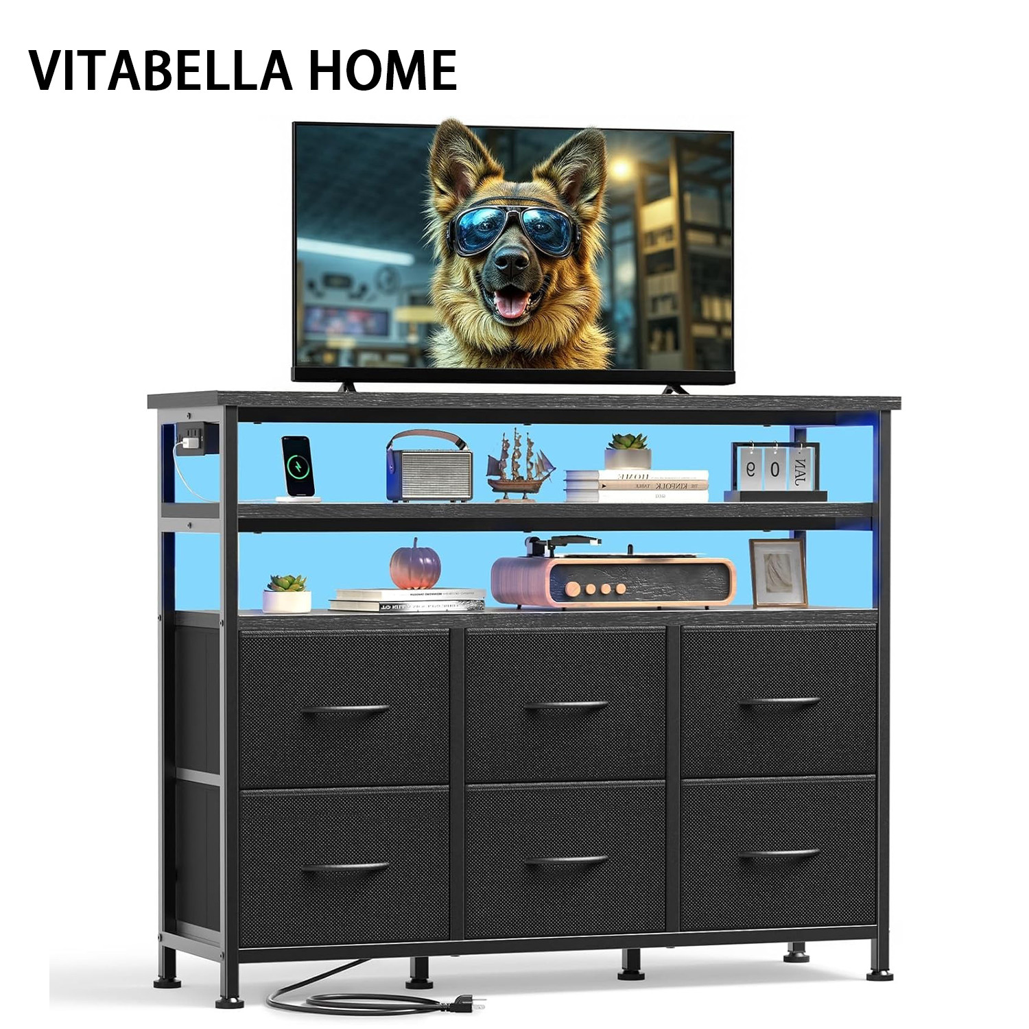 VITABELLA HOME 6 Fabric Drawers TV Stand w/Power Outlets&USB Ports&LED Lights