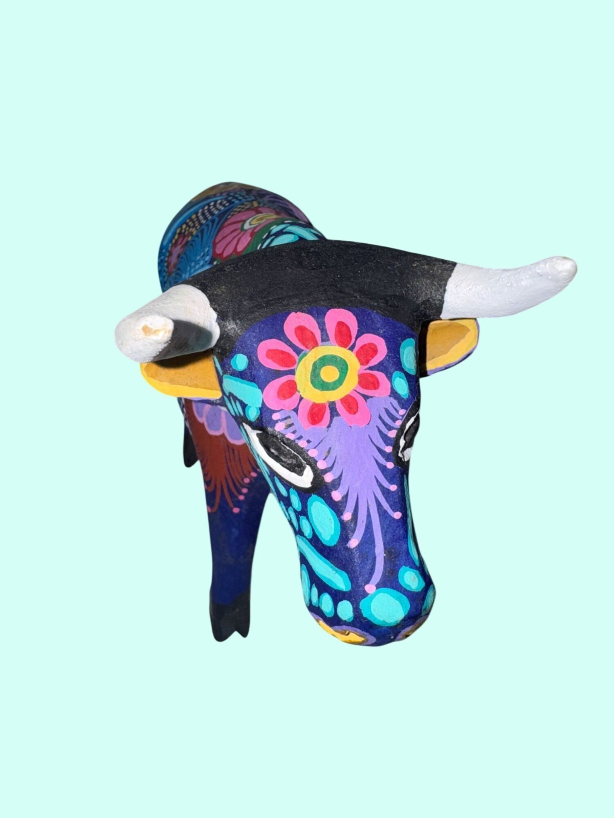 Hand Carved Alebrije Wooden Ox Folk Art Figurines Multicolor 2 Pieces