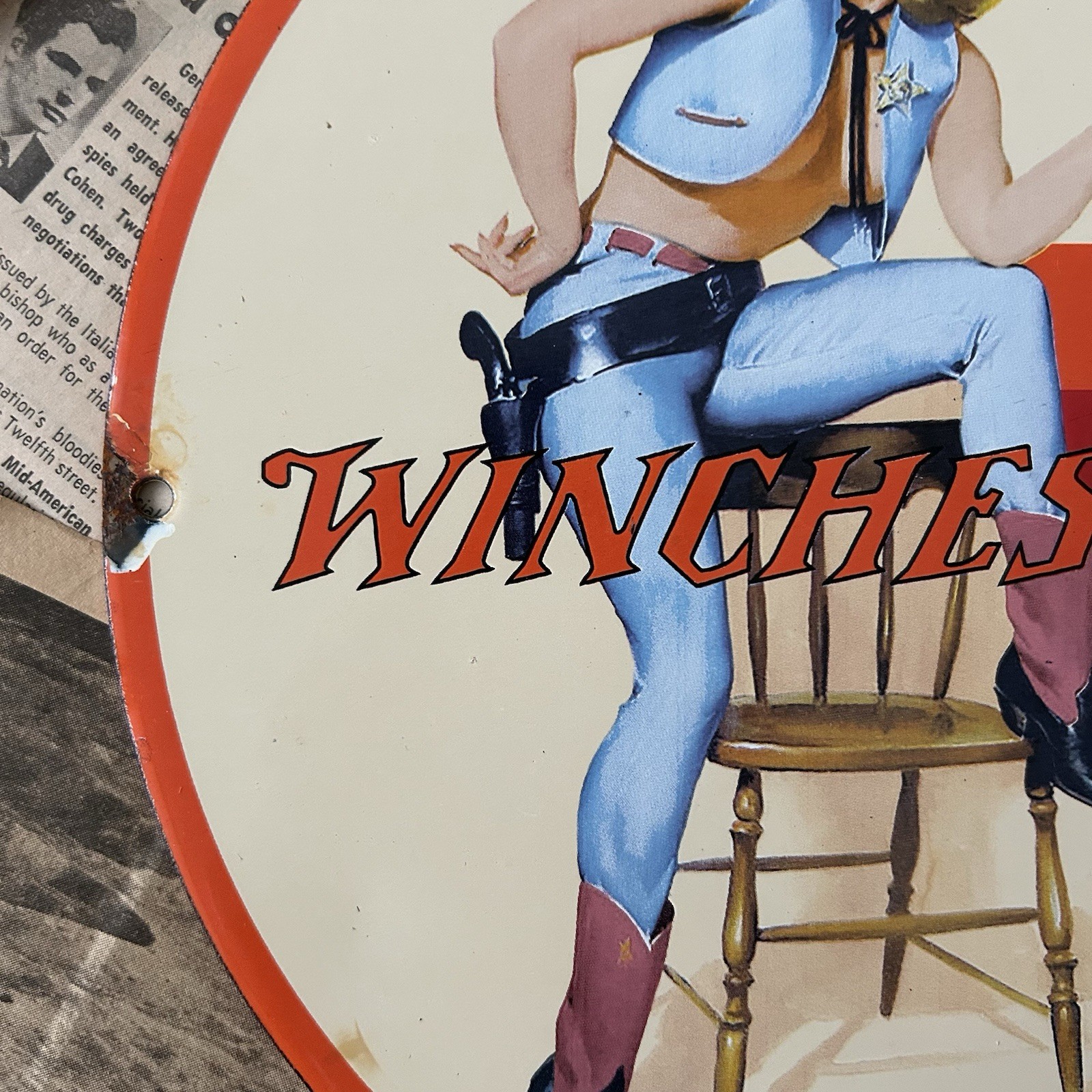 VINTAGE WINCHESTER FIREARMS HUNTING AMMO 12 INCH PORCELAIN ENAMEL SIGN