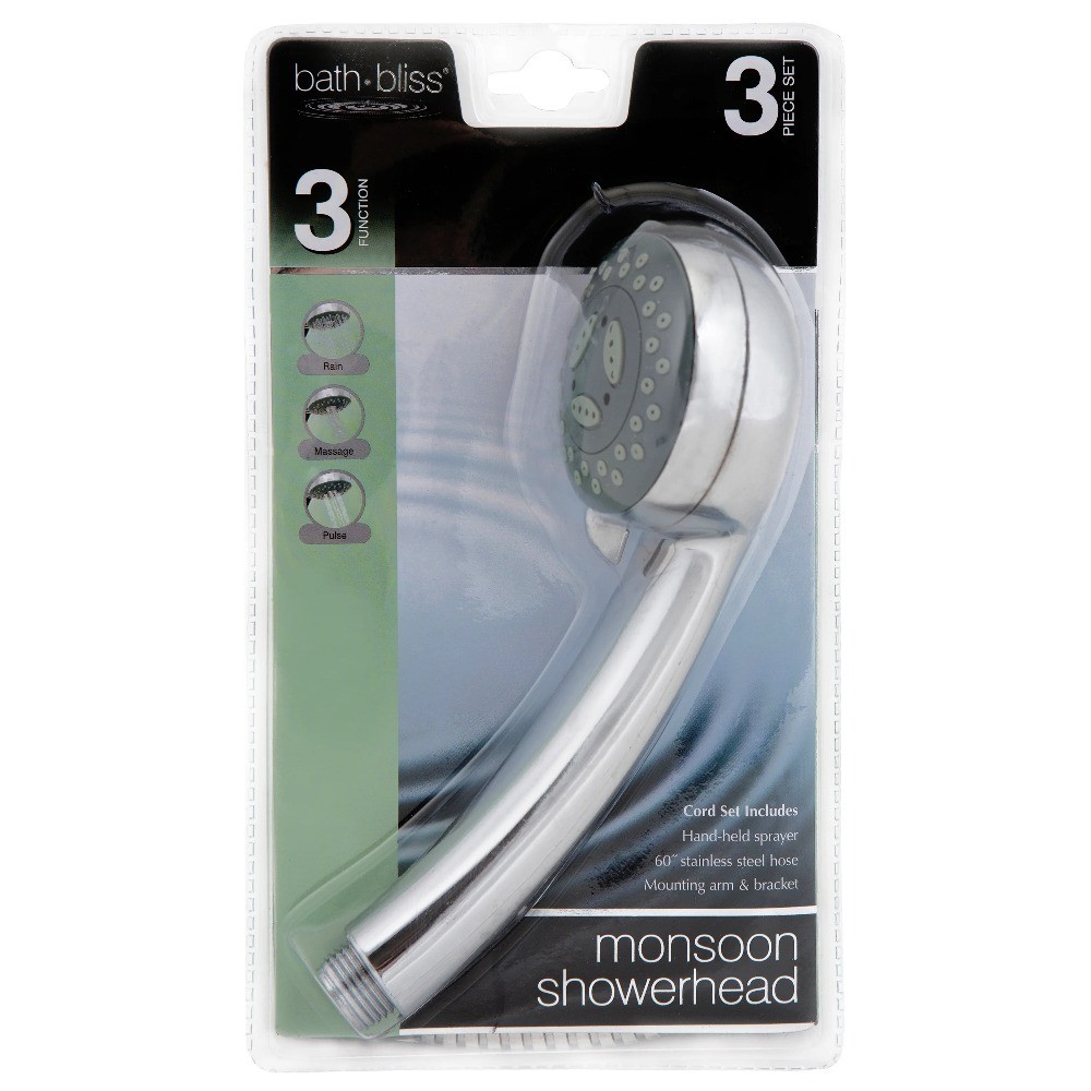 Monsoon Shower Head with 3 Spray Functions Wall Mount Bracket Chrome Finish