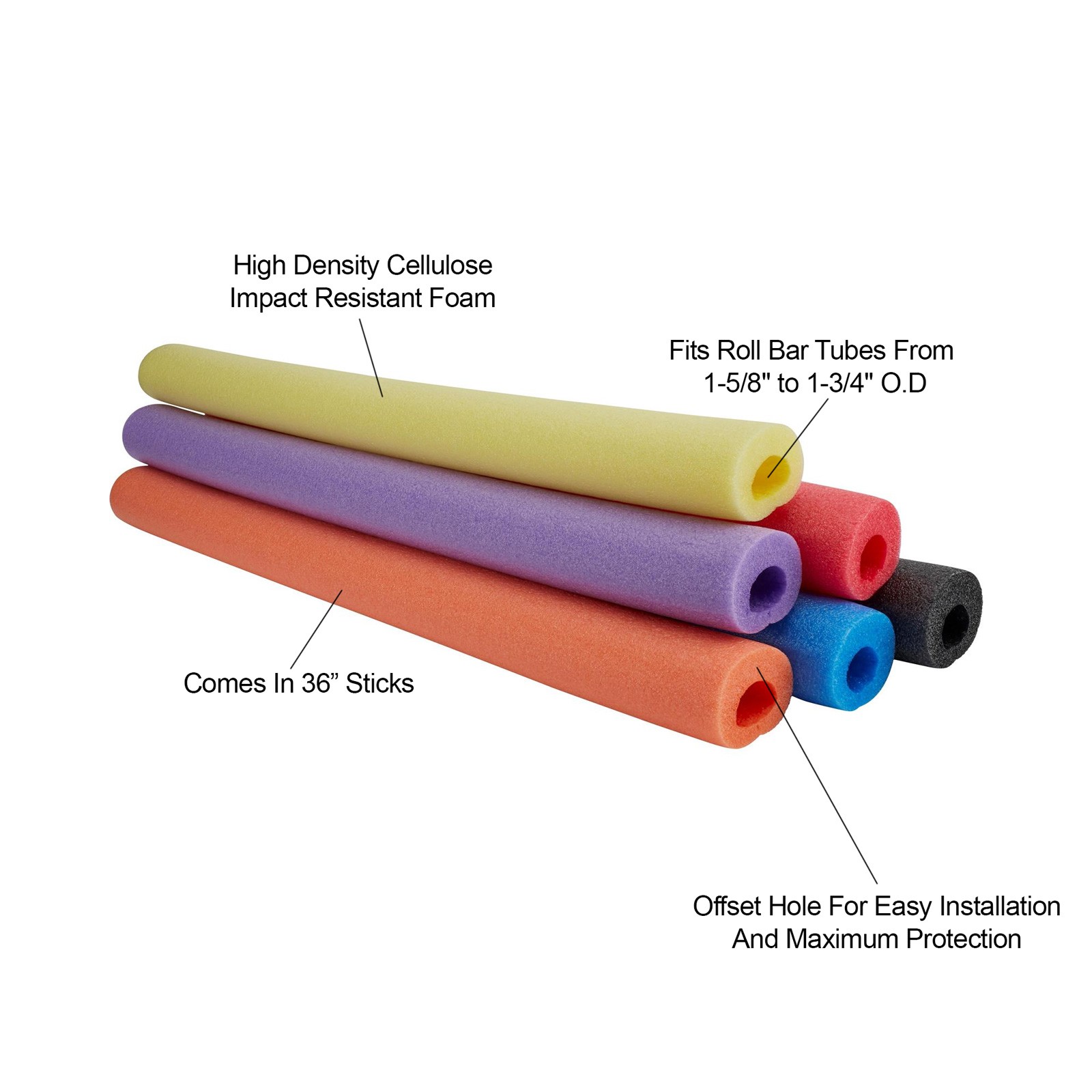 Foam Roll Bar/Cage High-Density Padding, Set of 6, Black, 36 Inches, 3 Inch OD