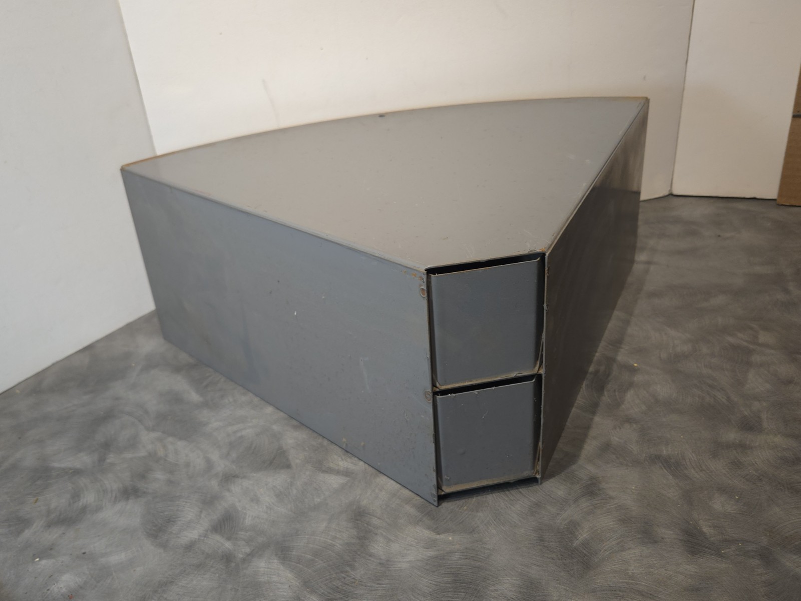 Vintage Industrial Metal Pie Shaped Corner Hardware Parts Bin 3 Drawer Cabinet