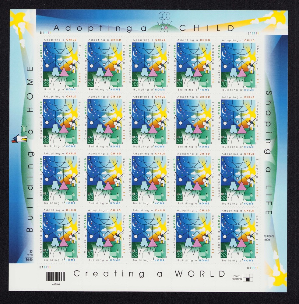 Below FACE VALUE! #3398 ADOPTION. MINT SHEET.  VF NEVER HINGED. 2000
