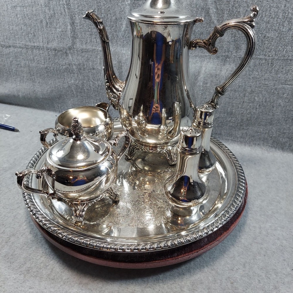 Wm Rogers  Silver-Plated Coffee & Tea Set With Sugar Creamer Salt & Pepper Shake