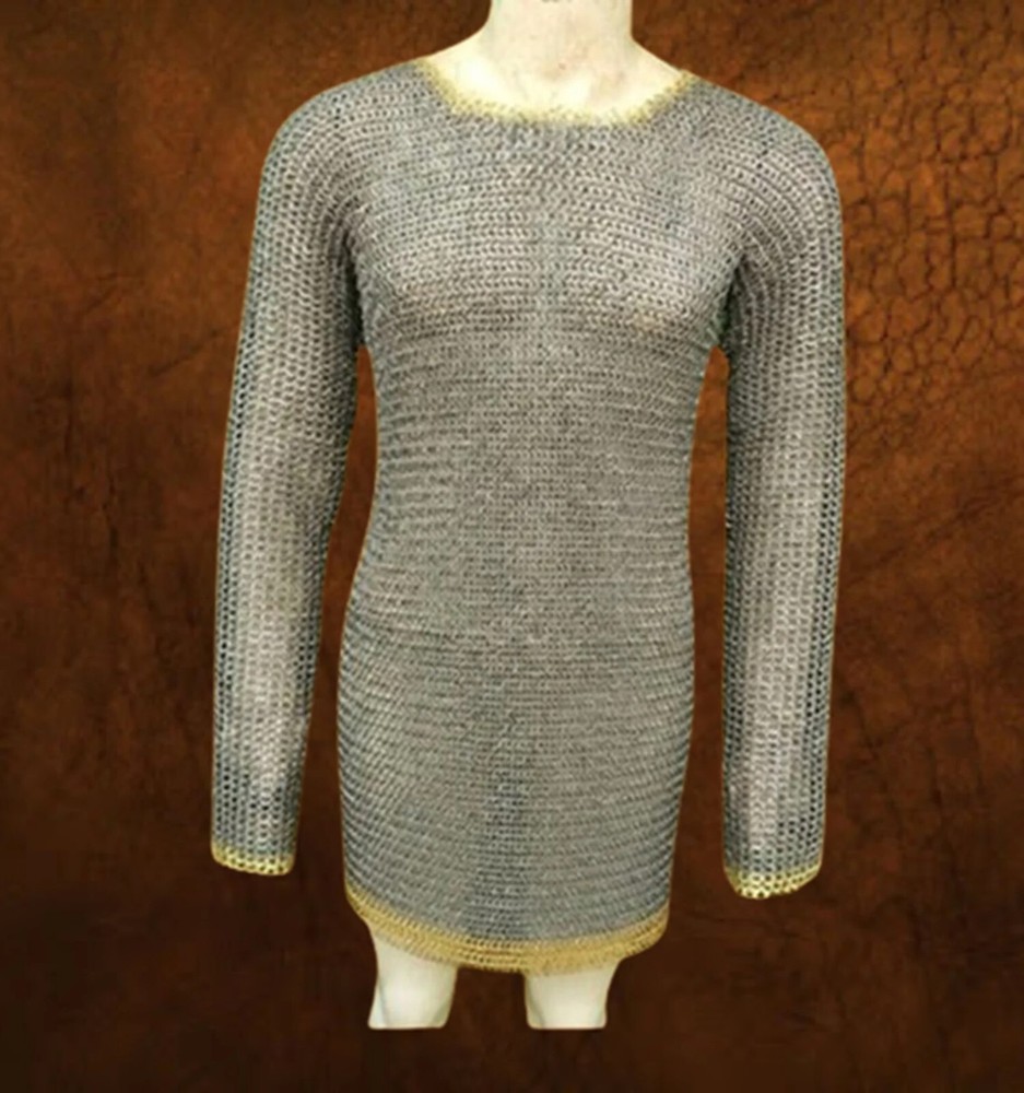 Oiled MS Chainmail Shirt 9mm Flat Riveted | Brass Rows | XXL