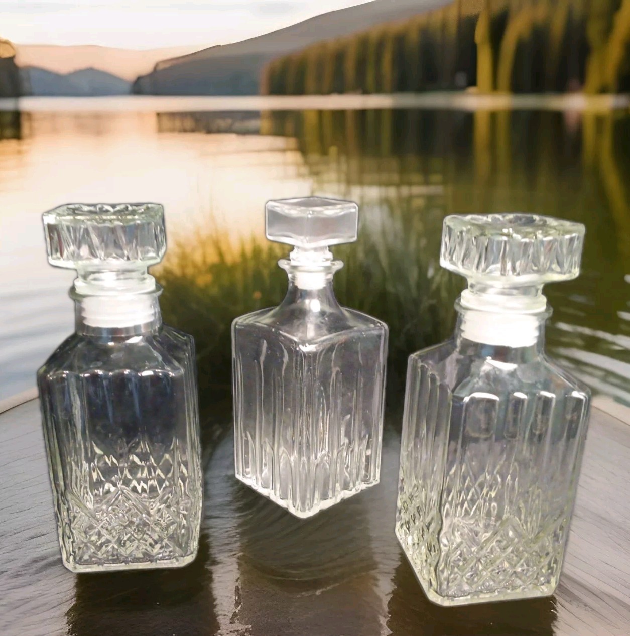 3  Square Heavy Crystal Glass 1 Glass Decanter 9"x3.5" Stoppers Great Condition