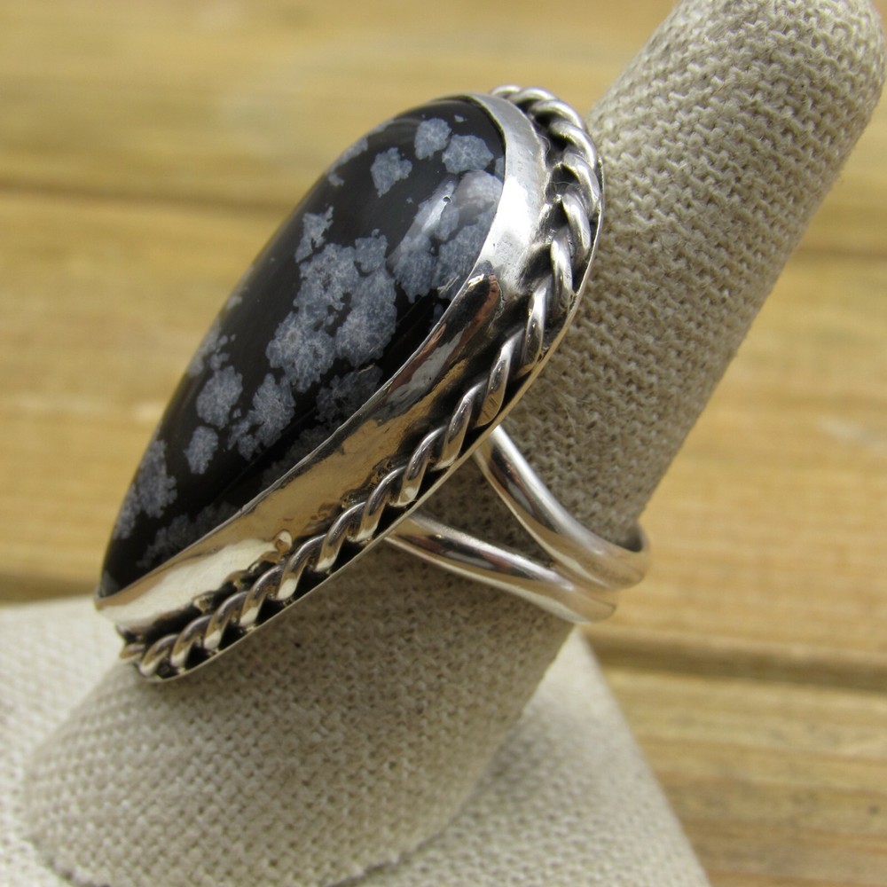 Sterling Silver Snowflake Obsidian Statement Ring Size 8.5 by Jose Campos