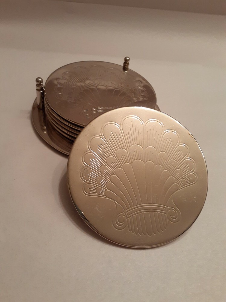 International Silver Coaster Set, 7 Pieces With shell /wheat etched Design