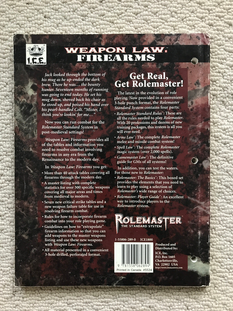Rolemaster Weapon Law: Firearms (Combat System) - ICE #5524