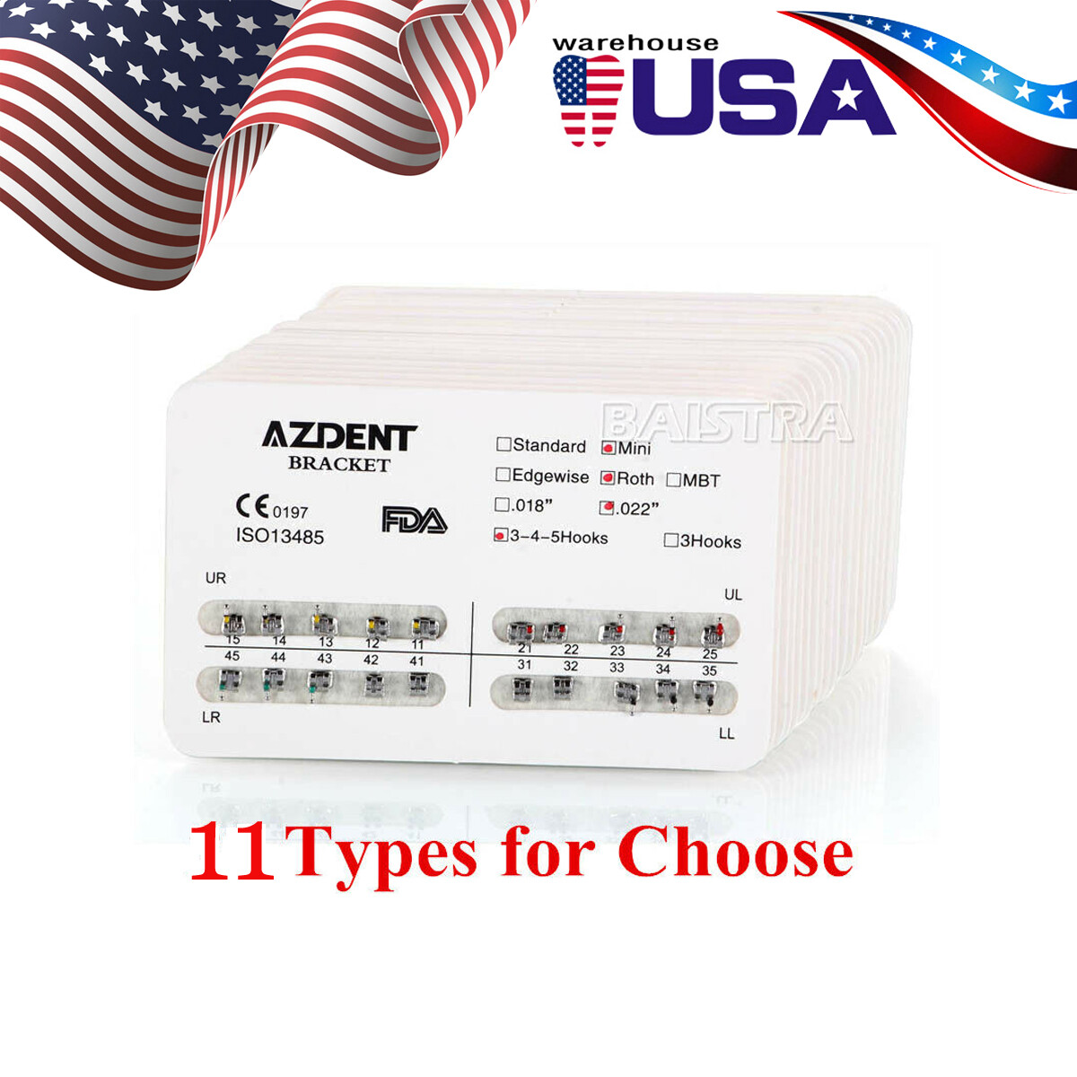 AZDENT Dental Ortho Metal Brackets Mini/Standard Roth/MBT 018/022 Hooks 3/3 4 5
