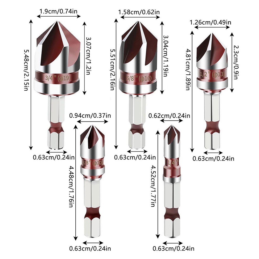 5-Flute Countersink Drill Bit with 1/4" Hex Shank,82-Degree Angle,5-Piece Set