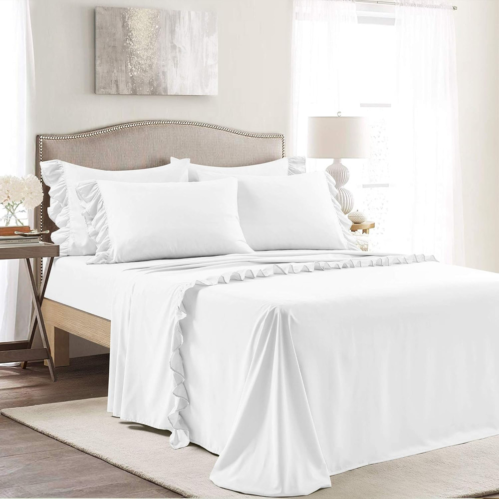 Reyna Ruffle Sheet Set, 6 Piece Set, Queen, White - Soft & Comfortable Sheets wi