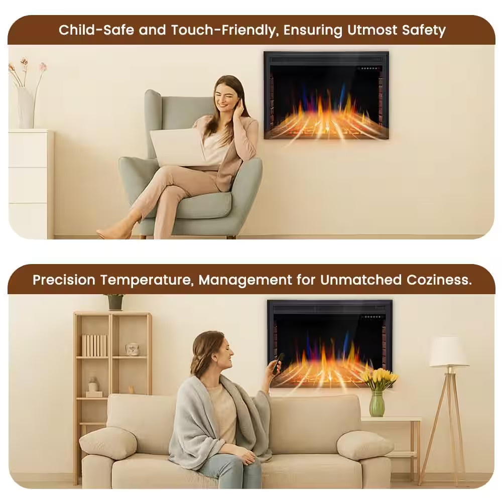 39 In. Ventless Electric Fireplace Insert, Remote Control, Adjustable Led Flame