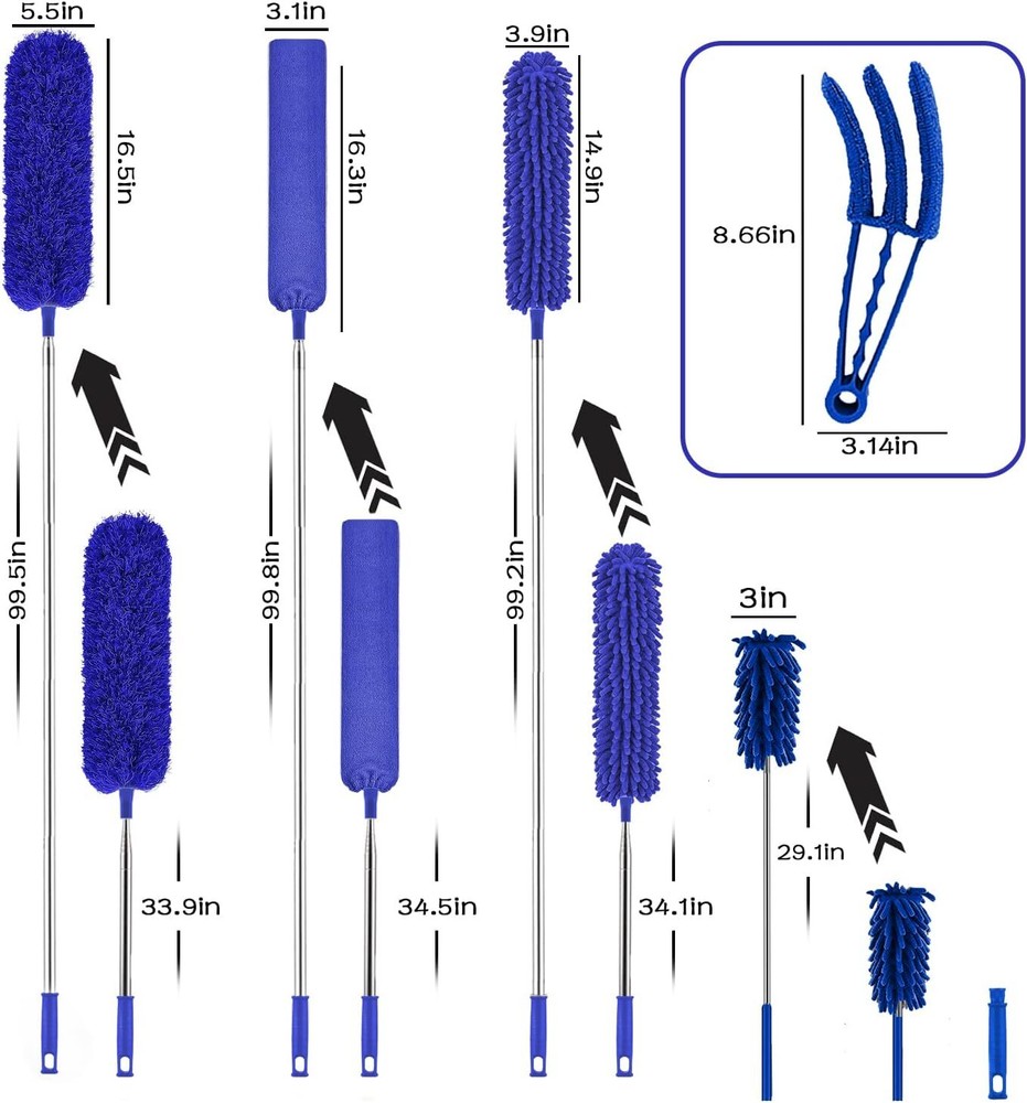 Microfiber Duster Set, 8PCS with 100" Telescoping Pole, Washable & Bendable