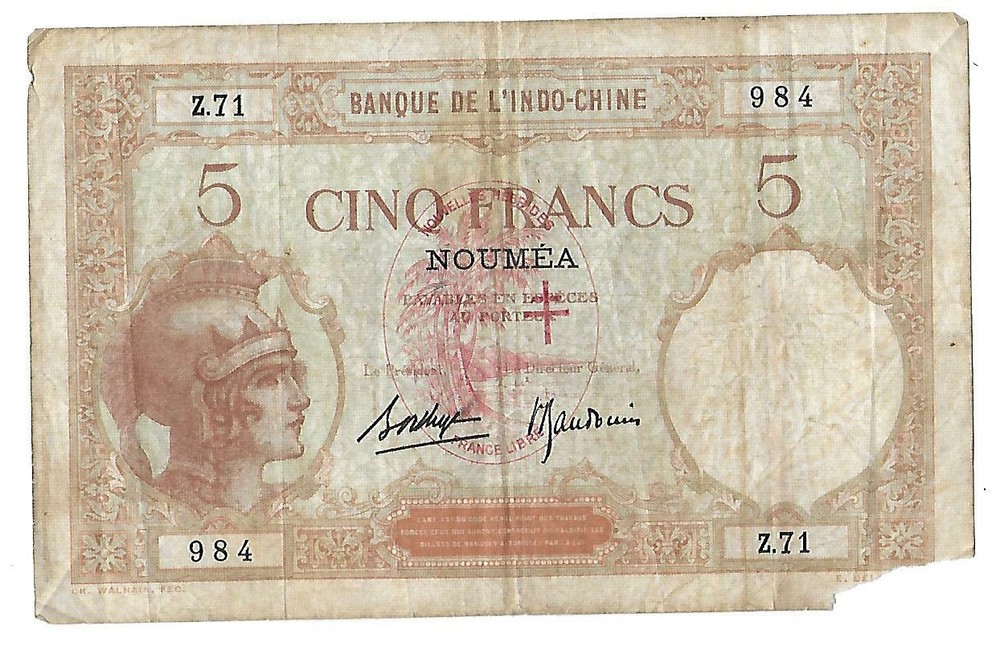 1926, NEW HEBRIDES 5 FRANC BANKNOTE, CIRCULATED
