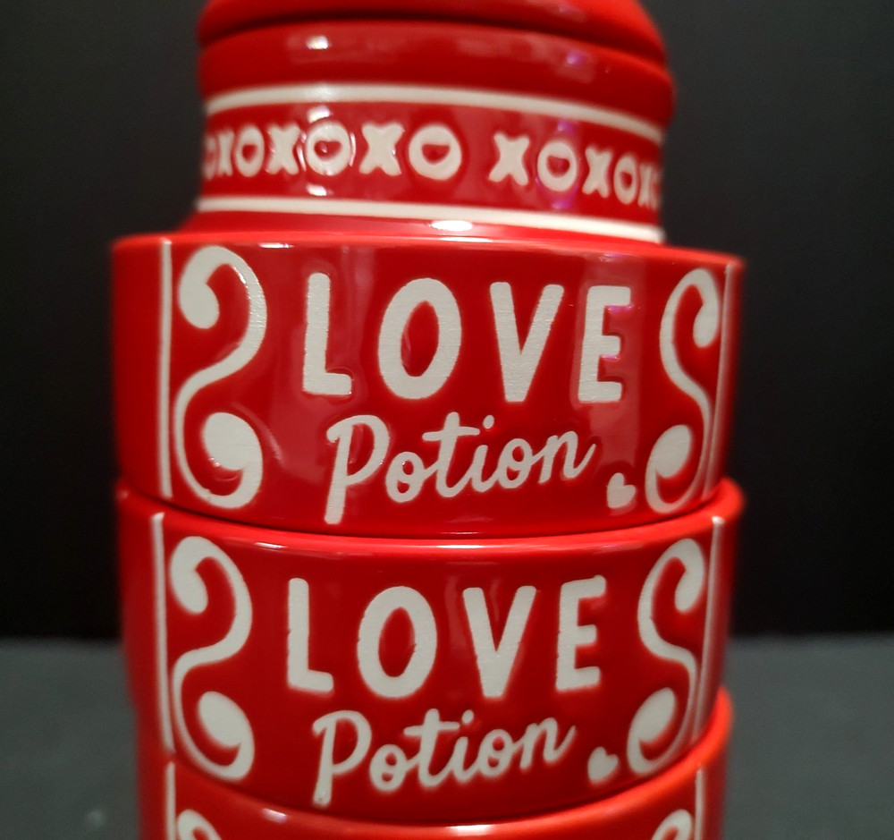 Red Ceramic Love Potion Bottle Shaped Stacking Measuring Cup Set 9" Tall