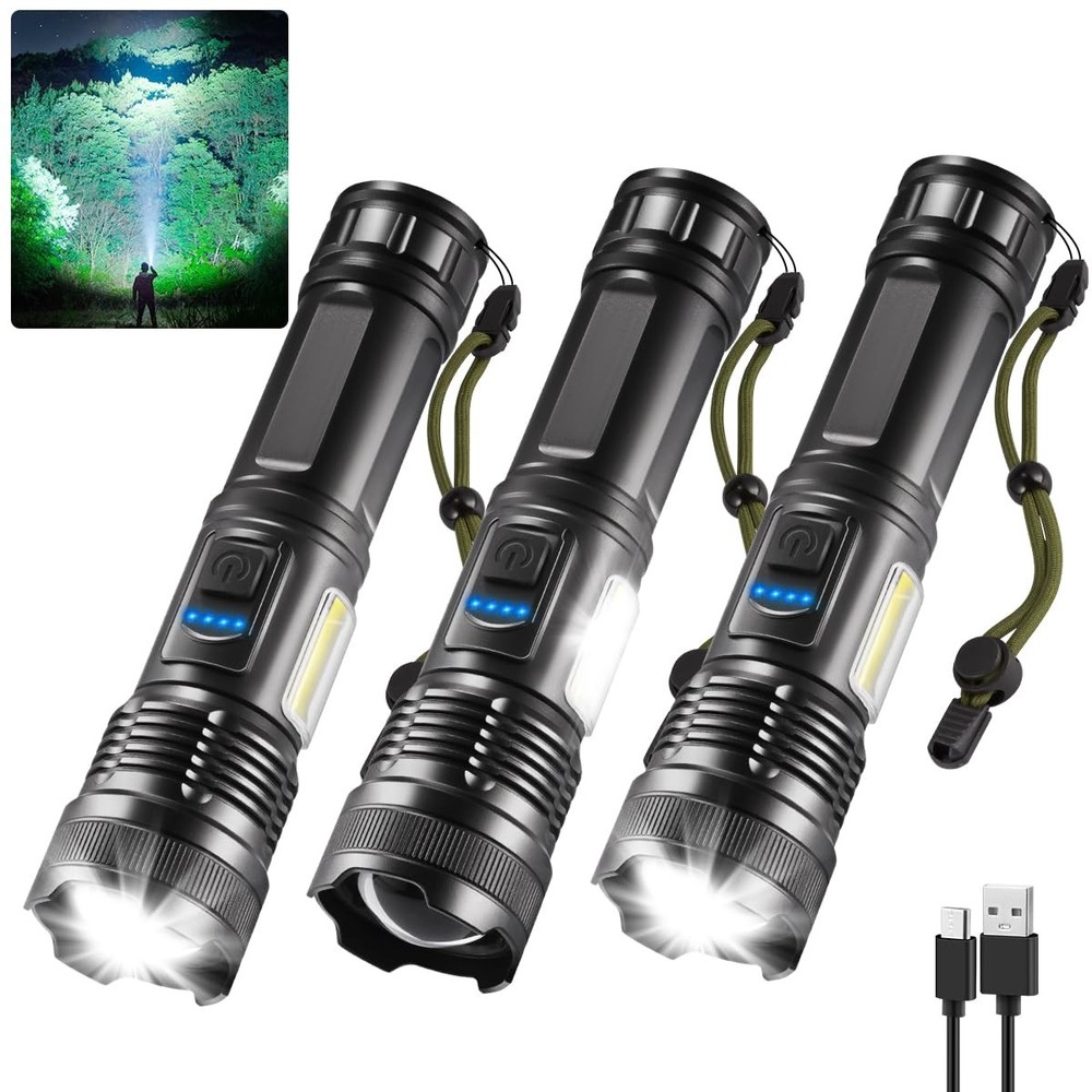 7Mode Flashlights High Lumens Rechargeable, 3Pack Tactical Flashlight High Po...