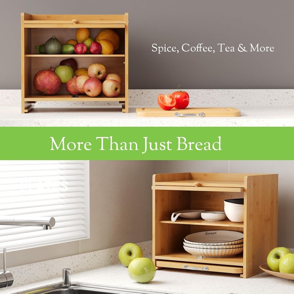 Bamboo Bread Box for Kitchen Countertop, Double Layer Kitchen Counter Organizers