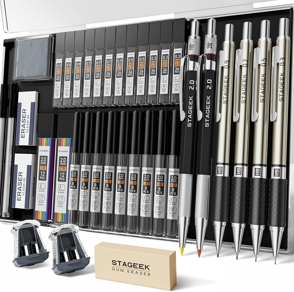 37PCS Art Mechanical Pencil Set, Drafting 5 Sizes- 0.3, 0.5, Black