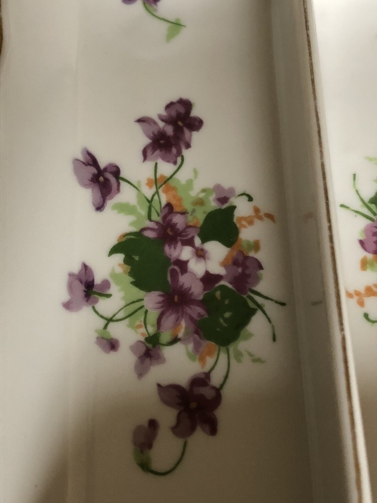 VTG PORCELAIN SWEET VIOLETS DIVIDED RECTANGULAR DOUBLE HANDLE DISH JAPAN 8”