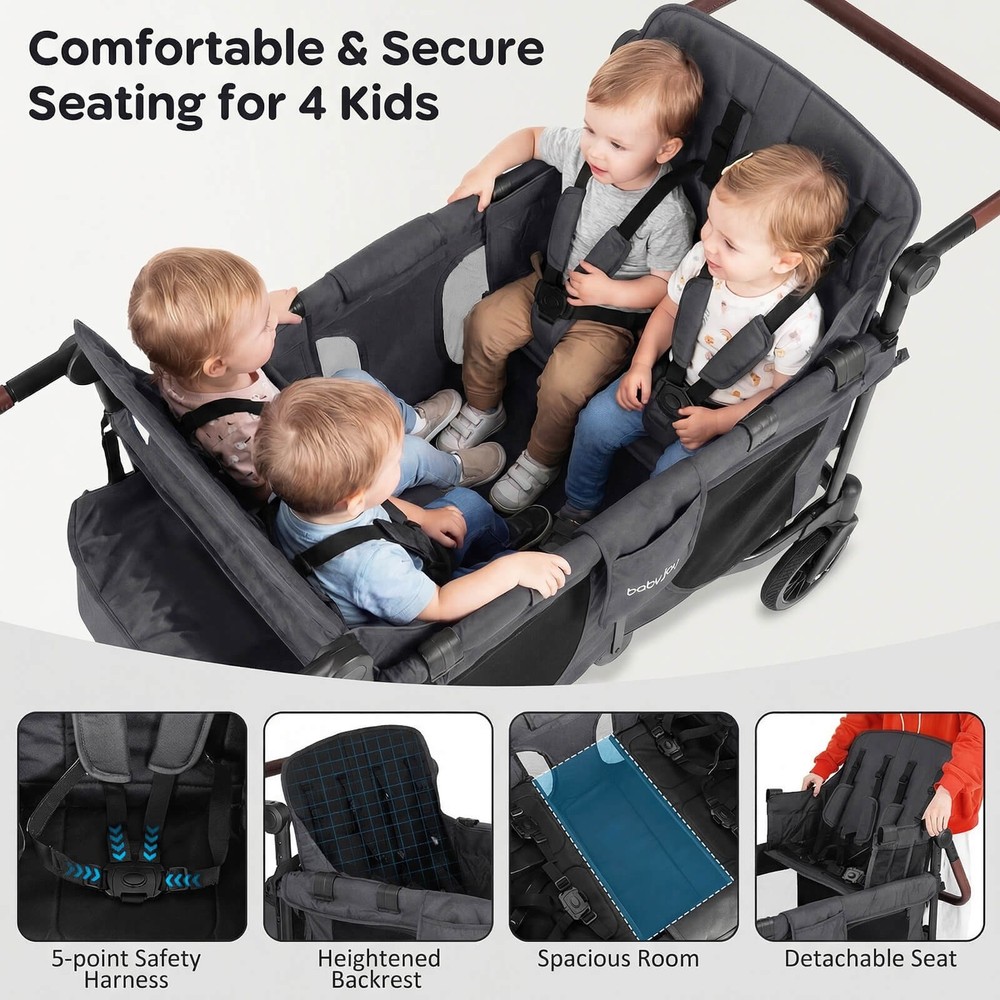 Wagon Stroller, Foldable 4-Seater Push-Pull Toddler Stroller w/Removable Canopy