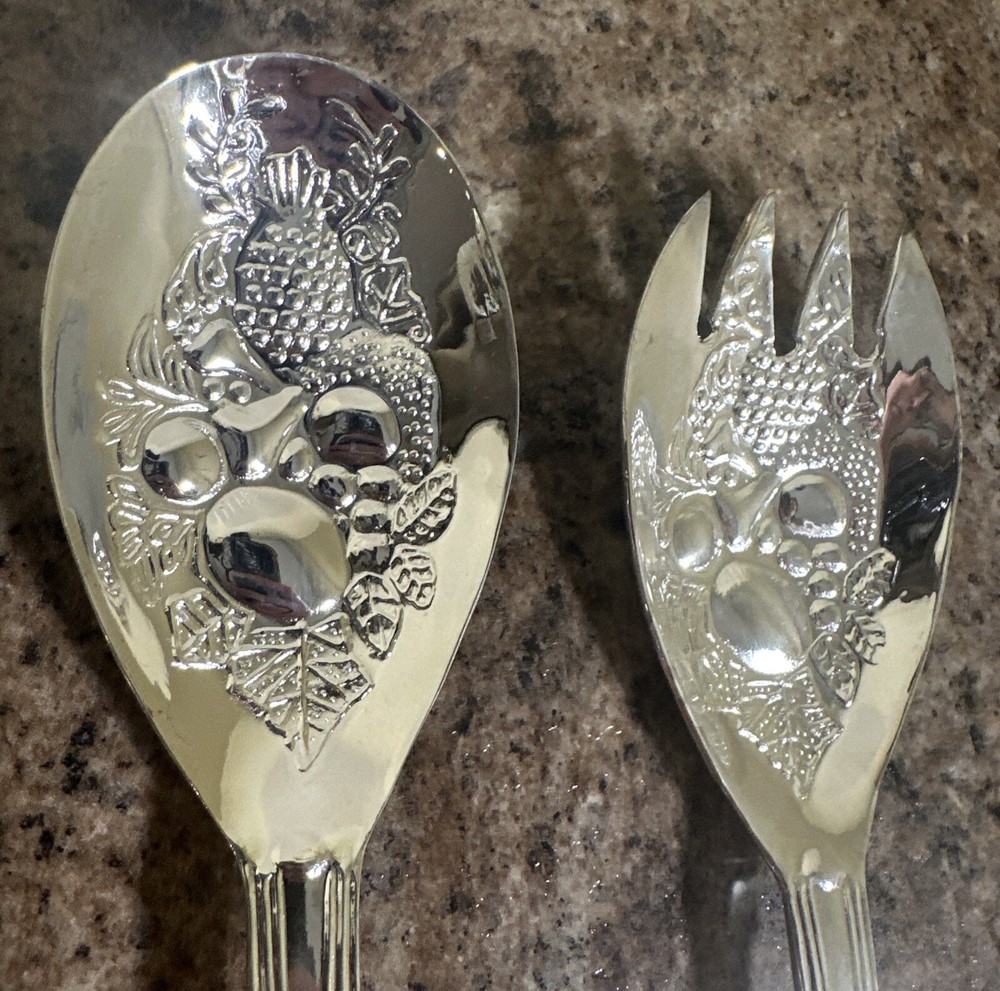 SILVER PLATED KINGS PATTERN PAIR OF SALAD SERVERS - SPOON & FORK Fruit Pattern