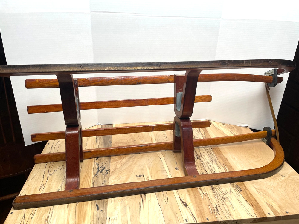 VINTAGE DUTCH WOODEN SLED BY POLYCOMB WITH LEATHER PULL