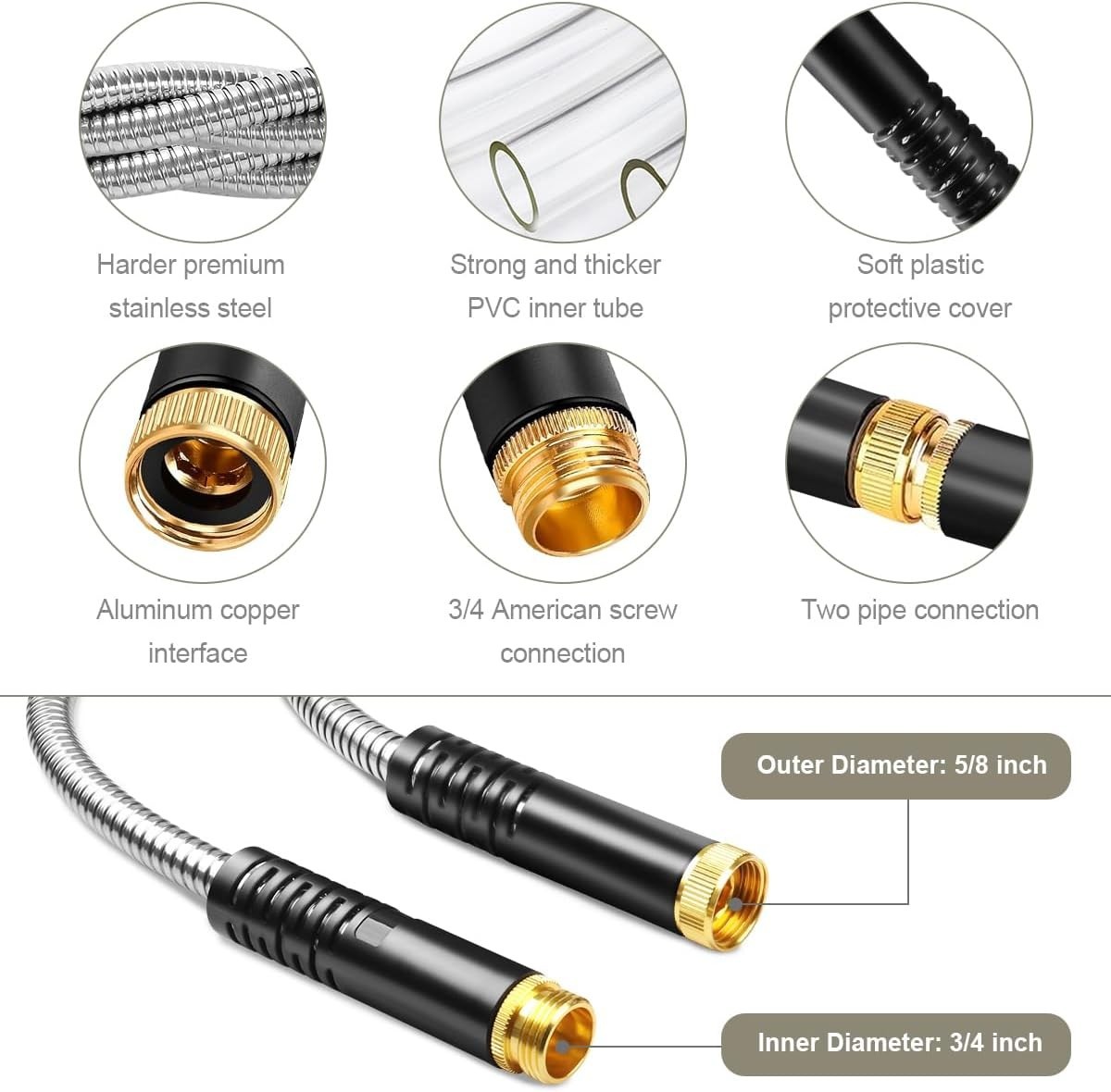 50ft 304 Stainless Steel Garden Hose Metal, Heavy Duty Water Pipe with Nozzle