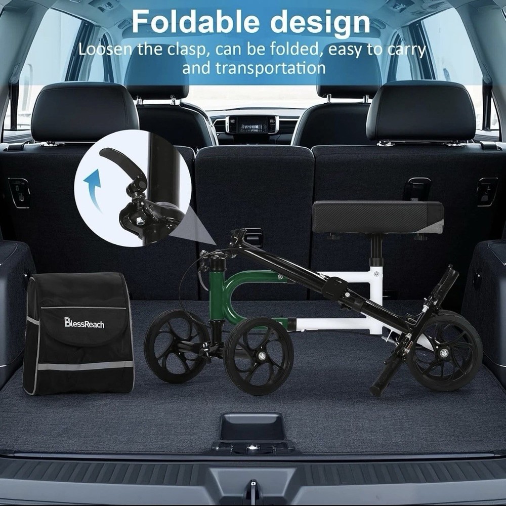 Blessreach Knee Scooter, Steerable, Foldable, Green, With Front Storage