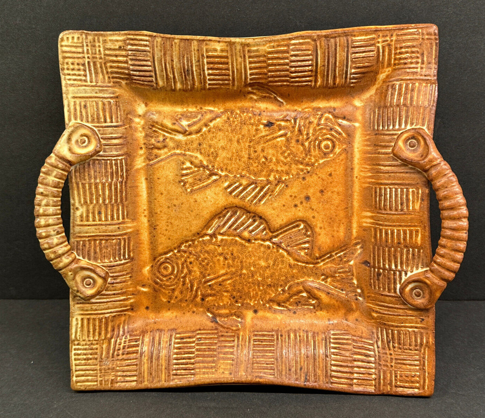Studio Art Pottery Square Imprinted Fish - Double Handled Serving Tray/Dish